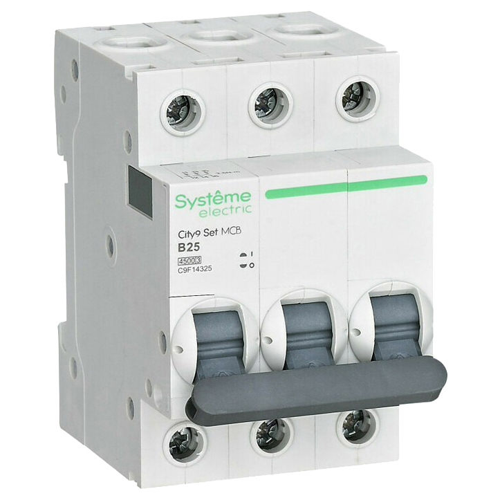 Автоматический выключатель трехполюсный Systeme Electric City9 Set 3Р 25А (B) 4.5кА, сила тока 25 А, тип расцепления B, переменный, отключающая способность 4.5 kА